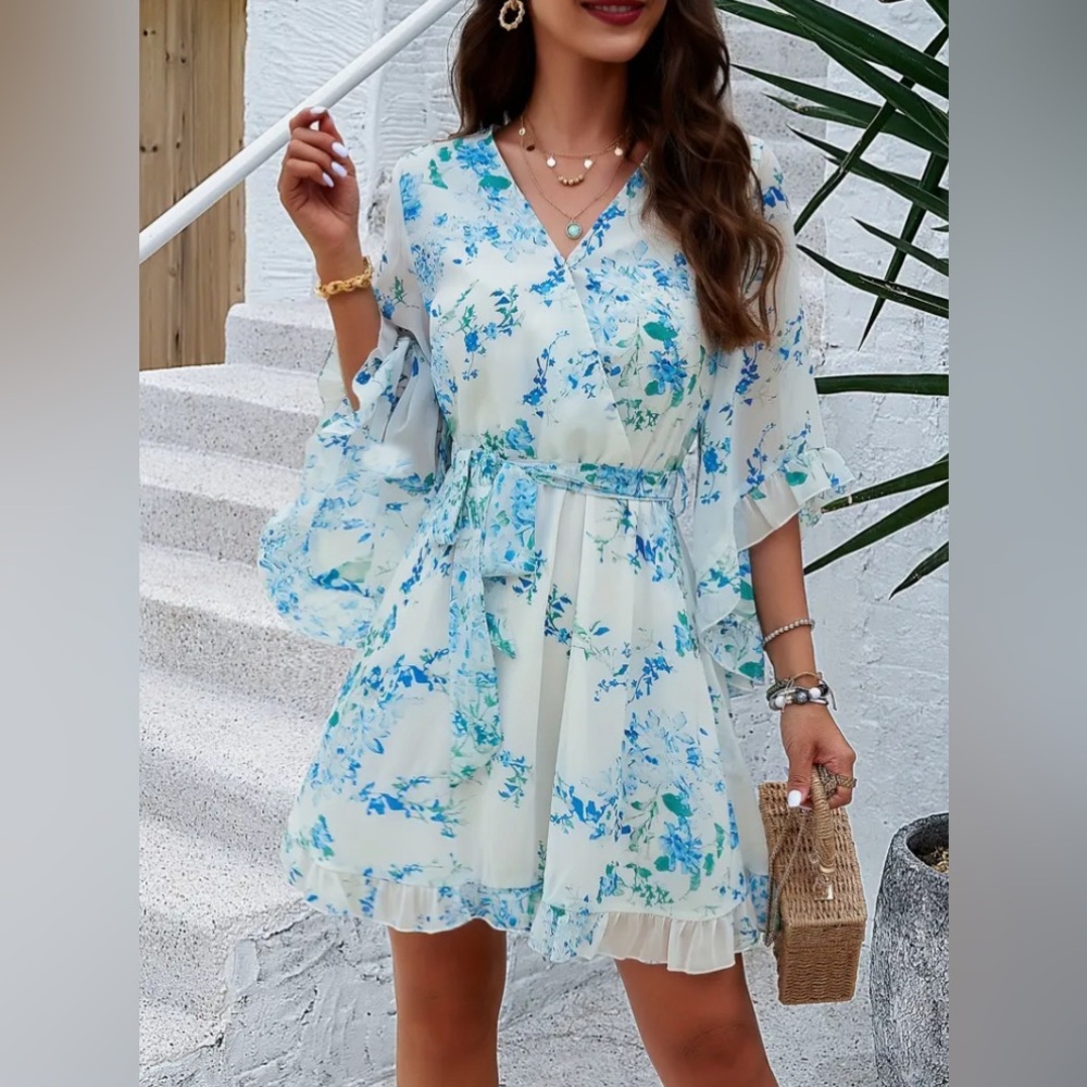Floral V-Neck Belted Summer Dress